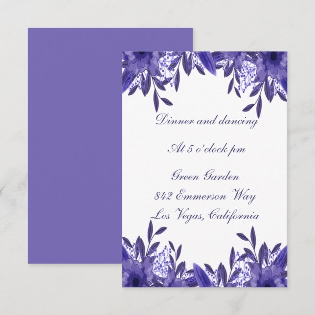 Convite Placa de Recepção de casamento Floral Azul Roxo (Frente/Verso)