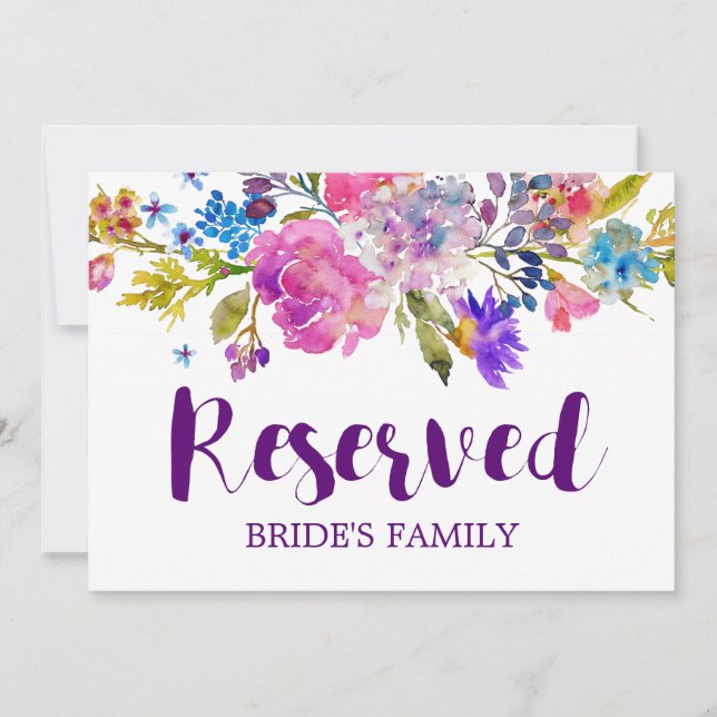 Convite Placa de "Reservado" de Casamento com Flores Roxas (Frente)