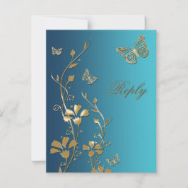 Convite Placa de resposta para flores e borboletas Dourada