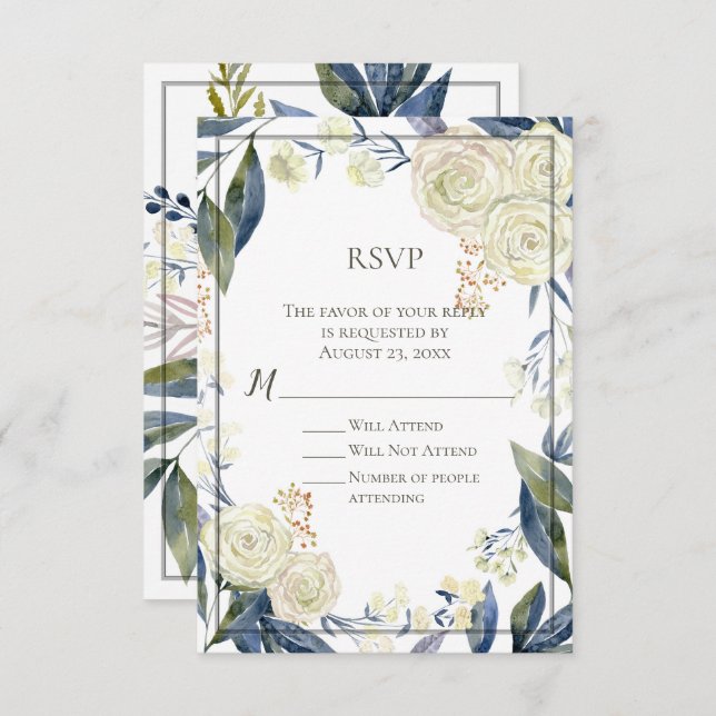 Convite Placa de Resposta RSVP de Flor Azul Elegante (Frente/Verso)