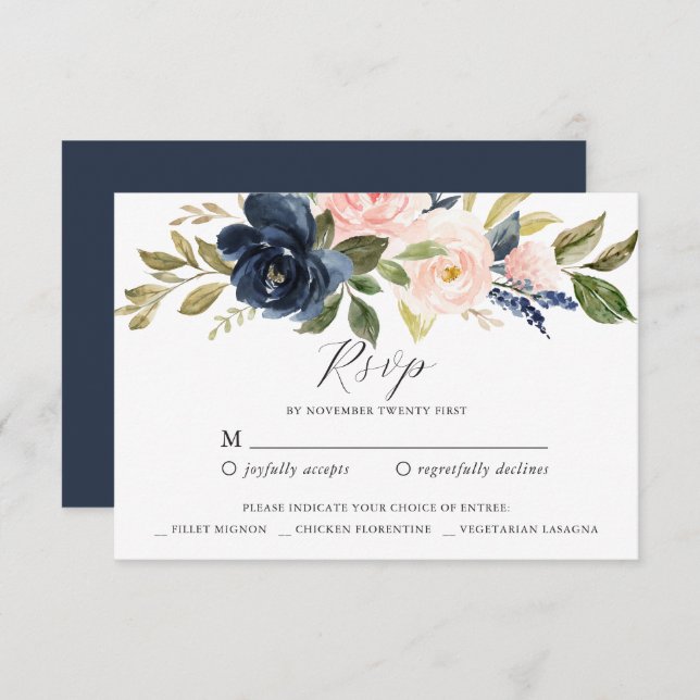 Convite Placa de resposta RSVP Floral de marinho Blush (Frente/Verso)