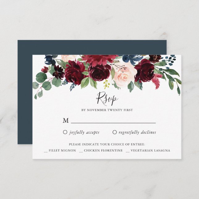 Convite Placa de resposta RSVP Floral do Marinho Burgundy (Frente/Verso)