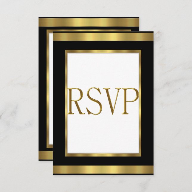 Convite Placa de resposta RSVP Preto Branco Dourado Todos  (Frente/Verso)