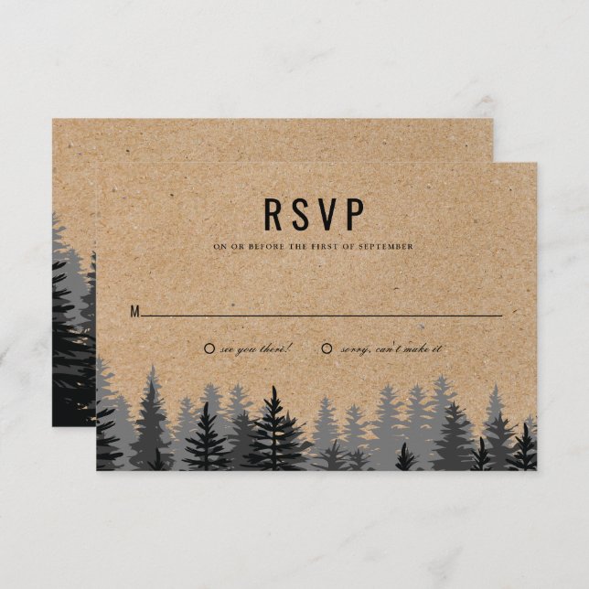 Convite Placa de Resposta Rustic Pine Trees Kraft Winter R (Frente/Verso)