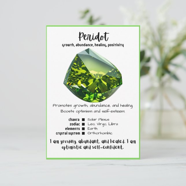 Convite Placa de Significado de Cristal Peridot (Em pé/Frente)