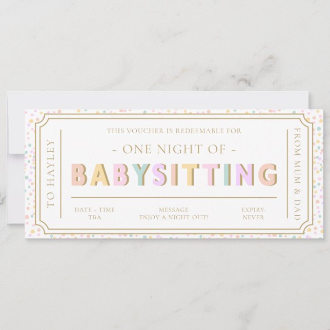 Convite Placa de Voucher Dot Babysitting Pastel (Frente)
