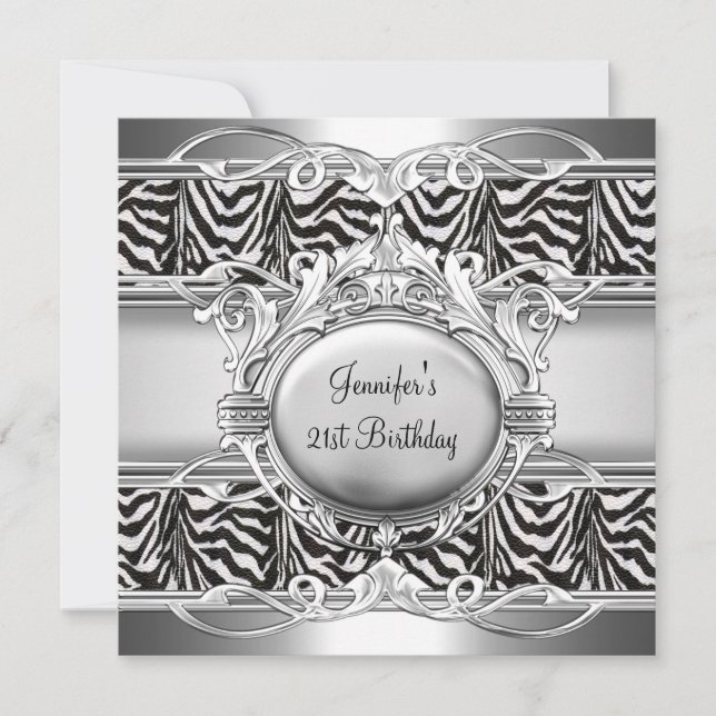 Convite Placa de Zebra Preto Branco Prata para Aniversário (Frente)