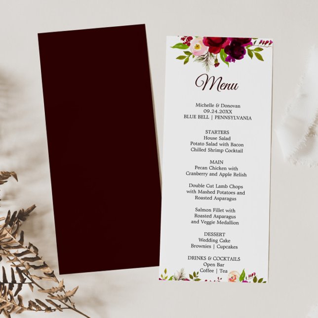 Convite Placa do Menu Janto Floral Simples Burgundy (Criador carregado)