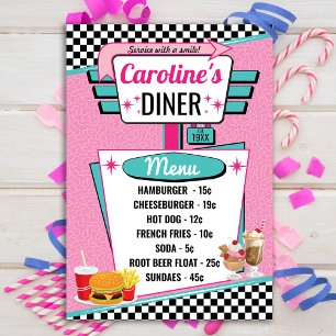 Convite Placa do menu Retro Diner Pink & Teal da década de