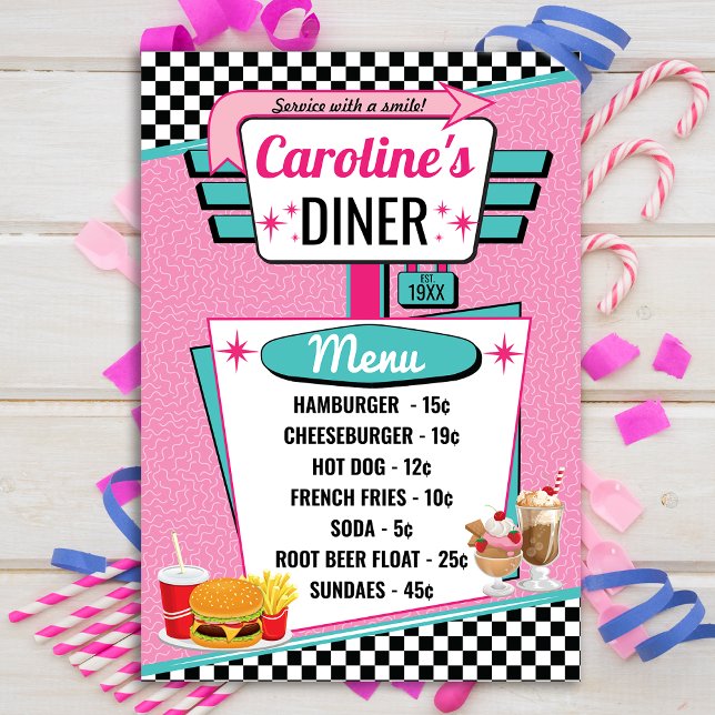 Convite Placa do menu Retro Diner Pink & Teal da década de (Criador carregado)
