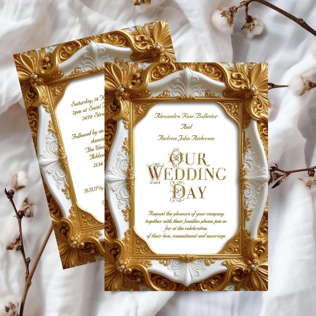 Convite Placa Dourada de Ornamentado Branca de Casamento E (Criador carregado)