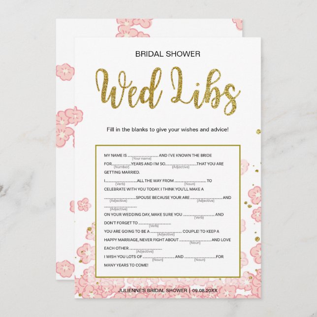 Convite Placa Libs Chá de panela Wed| Dourado e rosa (Frente/Verso)