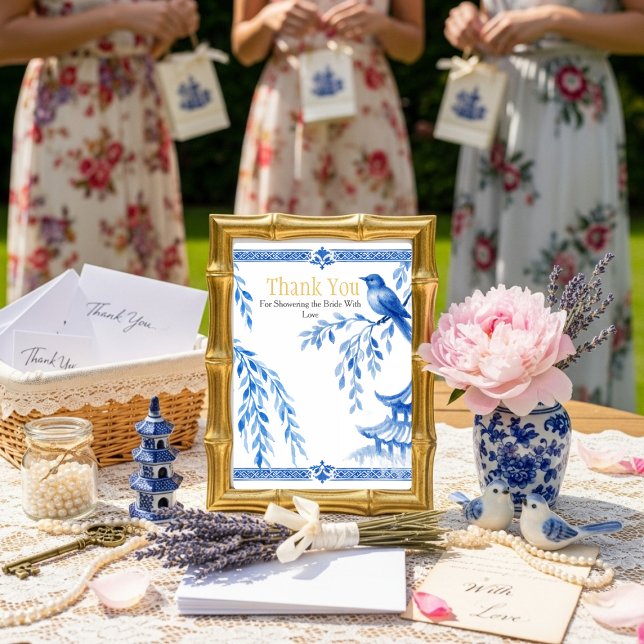 Convite Placa "Obrigado" em Chinoiserie Azul (Blue Chinoiserie "Thank You" Sign Invitation)