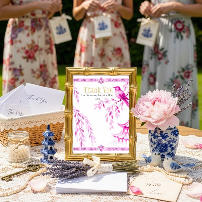 Convite Placa "Obrigado" em Chinoiserie Rosa (Pink Chinoiserie "Thank You" Sign)