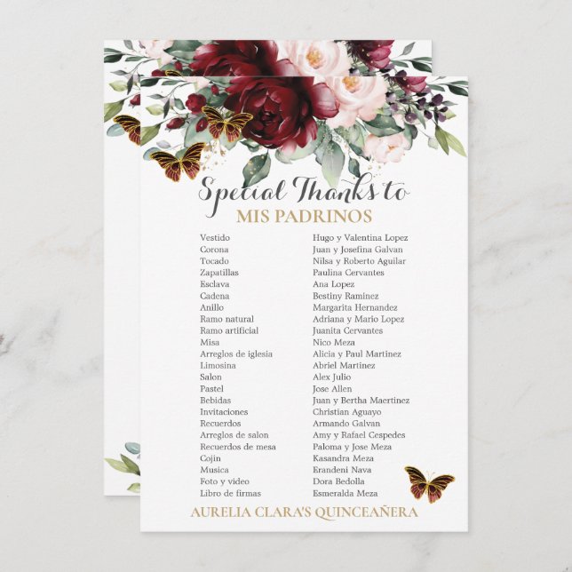 Convite Placa Padrinos Floral QUINCEAÑERA Burgundy Blush (Frente/Verso)