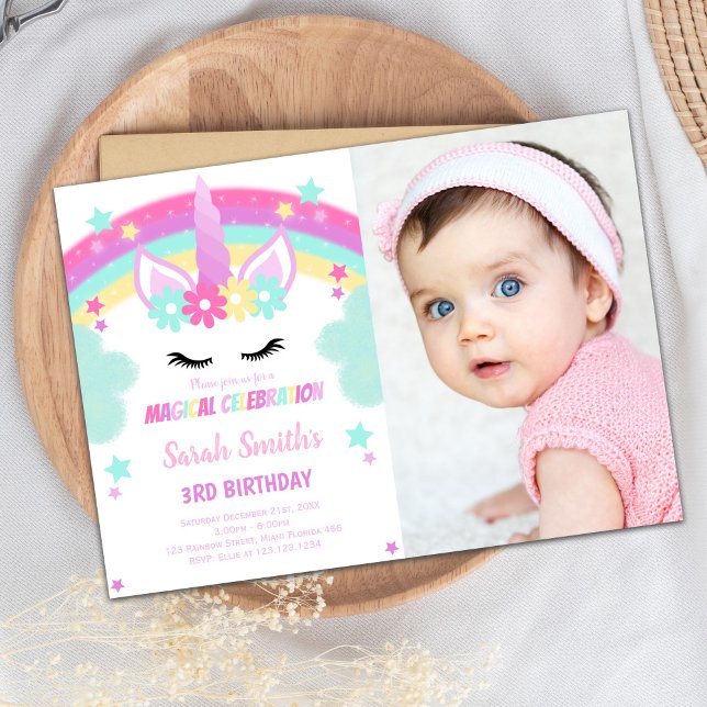 Convite Placa personalizável de partido mágico para crianç (Green Cloud Unicorn Birthday Invitations photo)