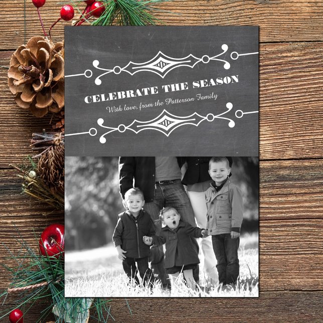 Convite Placa Plana de Foto Feriada de Quadros Quadrados d (Slanted Chalkboard Holiday Photo Card)