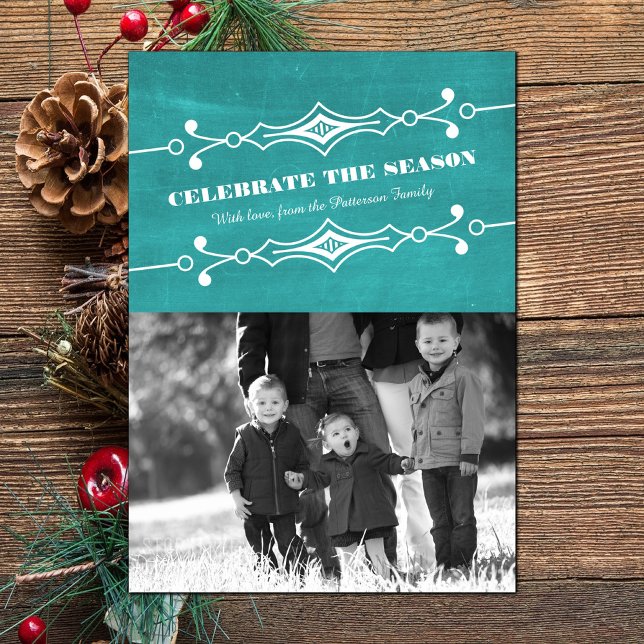 Convite Placa plana de fotos de Feriado de Chalkboard Plan (Teal Slanted Chalkboard Holiday Photo Card)