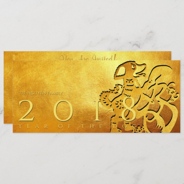 Convite Placa plana do Ouro Dourado Chinês Papercut 2018 (Frente/Verso)