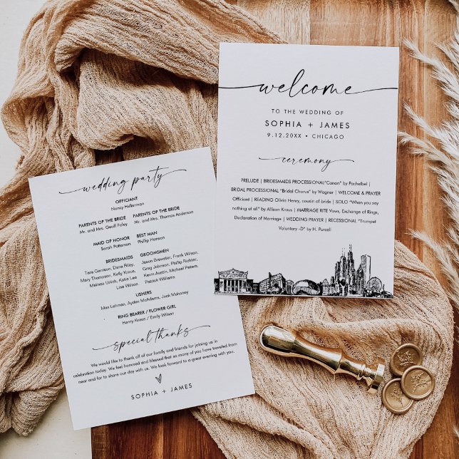 Convite Placa Plana do Programa de Casamento Skyline de Ch (Criador carregado)