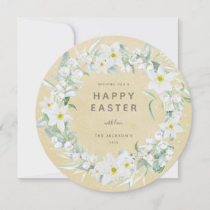 Convite Placa plana Felz pascoa Floral Branco Redonda