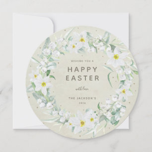 Convite Placa plana Felz pascoa Floral Branco Redonda