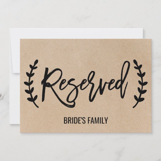 Convite Placa "Reservado" com Caligrafia Faux Kraft em Est (Frente)