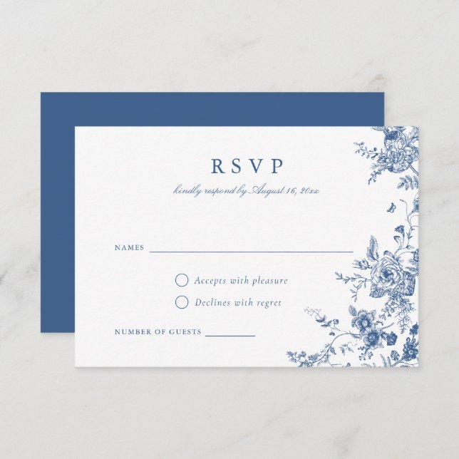 Convite Placa RSVP Azul de Marinho Botânico Floral Elegant (Frente/Verso)