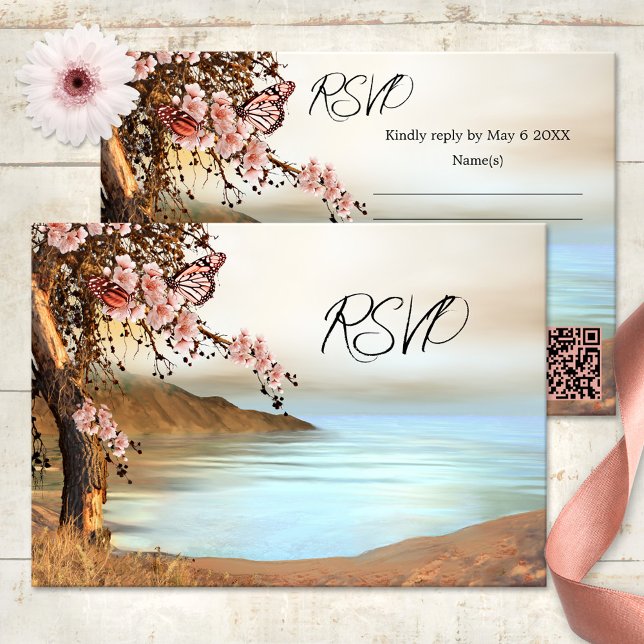 Convite Placa RSVP de Casamento de Borboleta Oceânica de C (Spring wedding RSVP card featuring a cherry tree with pink butterflies at the waterfront)