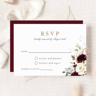 Convite Placa RSVP de Casamento de Bourgundia Branca Flora