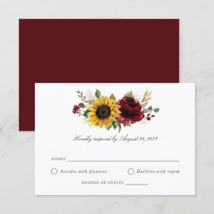 Convite Placa RSVP de Casamento de Girassóis Burgundy Gree