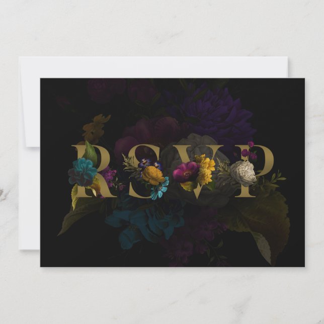 Convite Placa RSVP de Casamento de Monograma Floral Escuro (Frente)