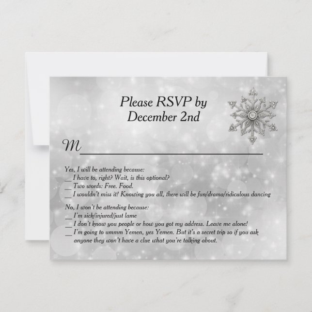 Convite Placa RSVP de Casamento de Neve Humorous Winter Sn (Frente)