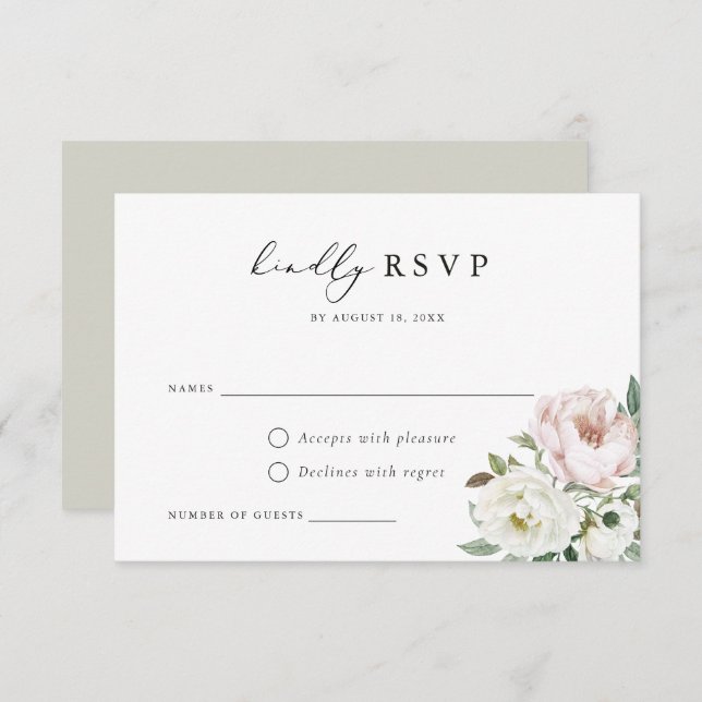 Convite Placa RSVP de Casamento de Penas Brancas Floral Bl (Frente/Verso)