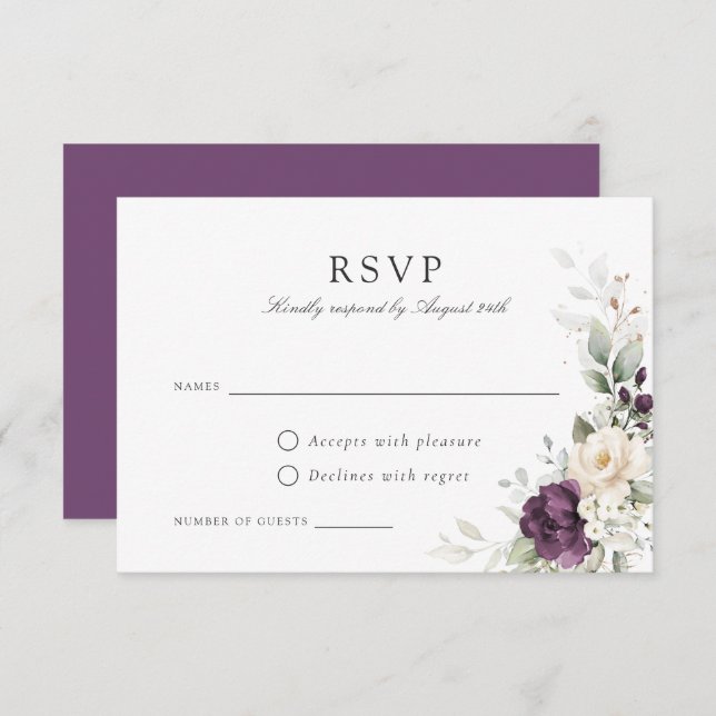 Convite Placa RSVP de Casamento Dourado com Púrpura Floral (Frente/Verso)