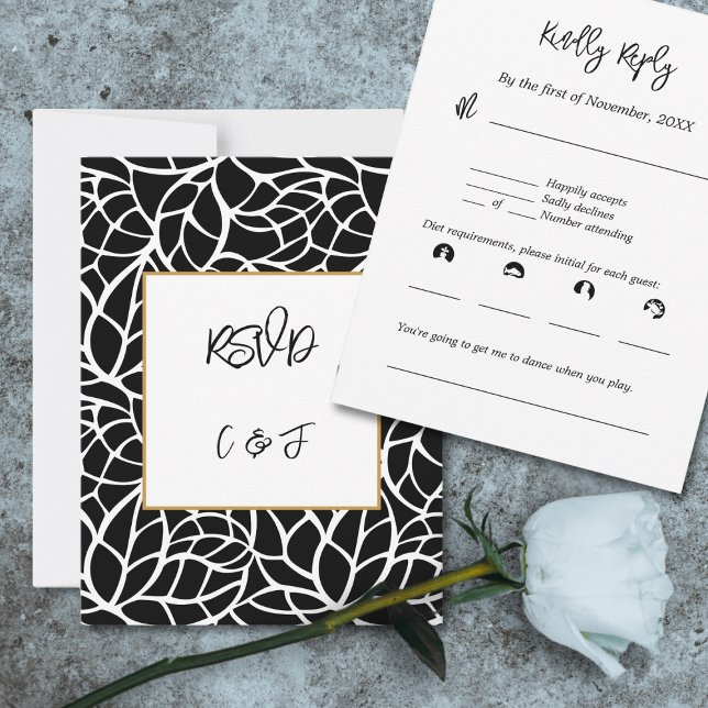 Convite Placa RSVP de Padrão de Folhagem de Abstrato branc (Black White Abstract Foliage Pattern RSVP Card)