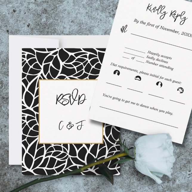 Convite Placa RSVP de Padrão de Folhagem de Abstrato branc (Black White Abstract Foliage Pattern RSVP Card)
