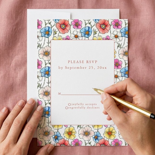 Convite Placa RSVP de padrão uniforme de flores silvestres (Colorful wild flowers seamless pattern RSVP card.)