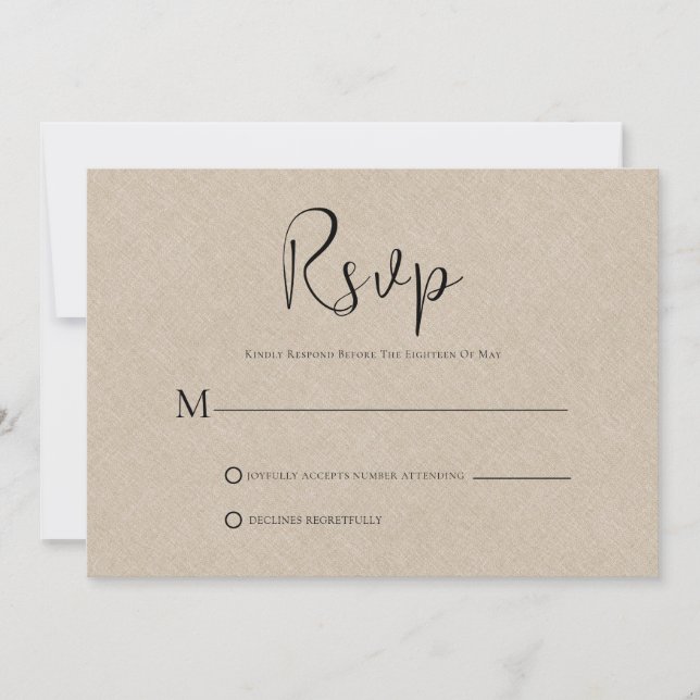 Convite Placa RSVP de Script Preto Simples Linen Linen Tan (Frente)
