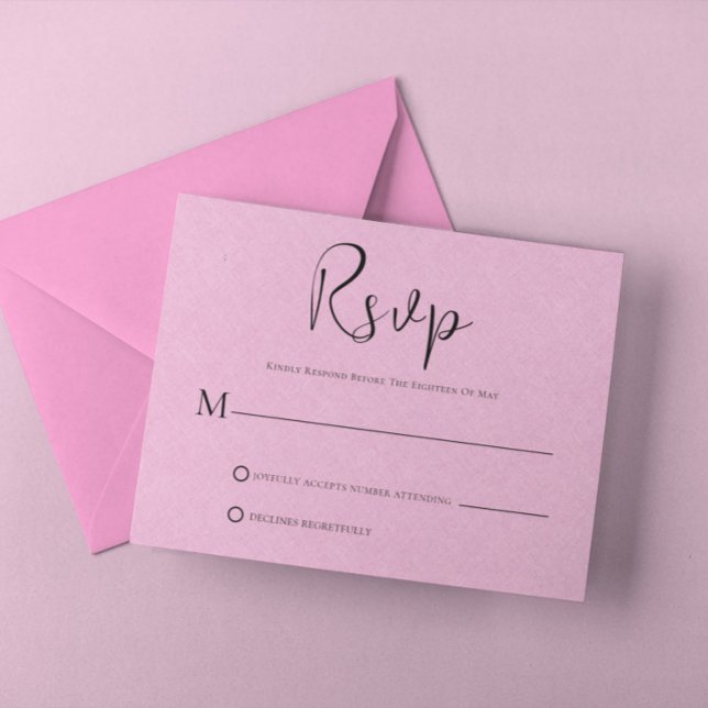 Convite Placa RSVP de Script Preto Simples Linen para rosa (Criador carregado)