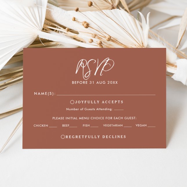 Convite Placa RSVP do Casamento outono de Script Terracott (Elegant burnt orange with white calligraphy and modern text wedding RSVP card )