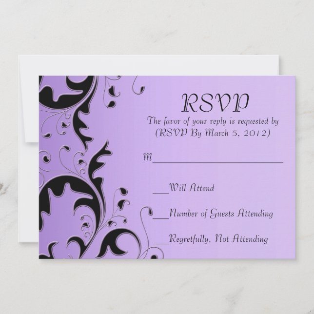 Convite Placa RSVP Floral de Preto/Roxo Elegante de luxo (Frente)