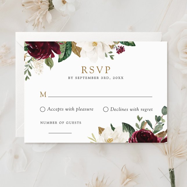 Convite Placa RSVP Floral Elegante Burgundy White Magnolia (Criador carregado)