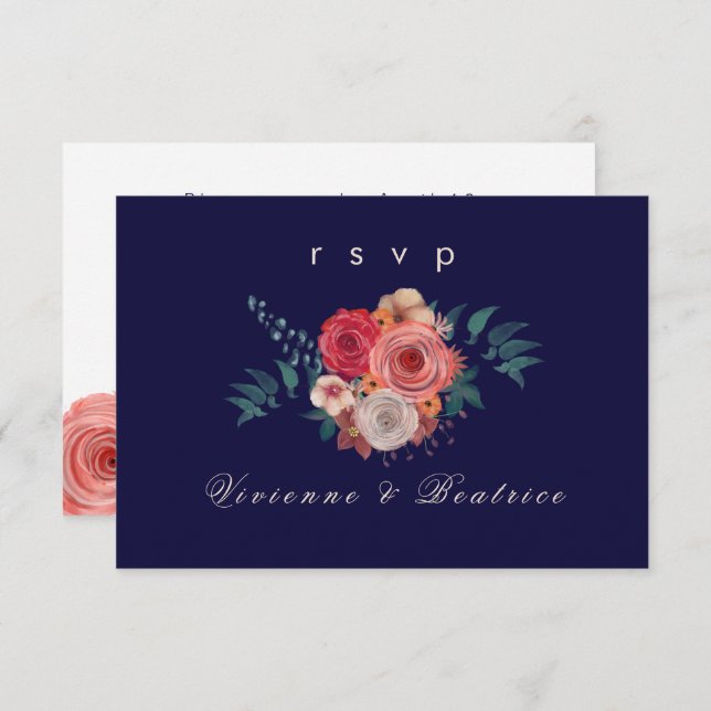 Convite Placa rsvp floral rosa vermelha azul escuro (Frente/Verso)