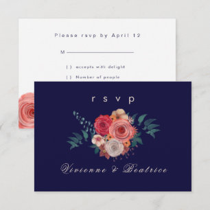 Convite Placa rsvp floral rosa vermelha azul escuro