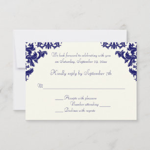 Convite Placa RSVP marinho e Ivory Damask