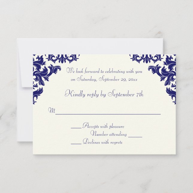 Convite Placa RSVP marinho e Ivory Damask (Frente)