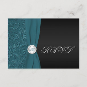 Convite Placa RSVP Monogramada para Damasco Teal e Negro