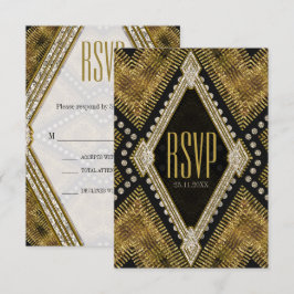 Convite Placa RSVP Preta Geométrica Dourada Art Deco