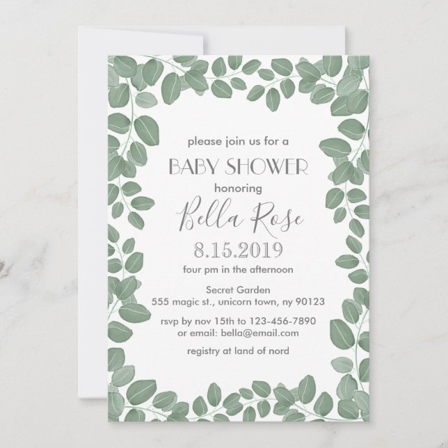Convite Placas de Chá de fraldas Eucalyptus verdes (Frente)